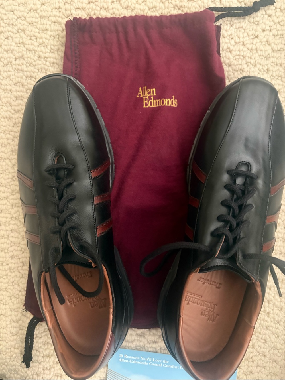 Allen Edmonds Traveler Black Leather Loafers with Brown Stripes